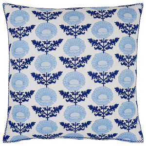 The Kaavia Indigo Pillow by John Robshaw features a white background with repeating blue floral block print patterns and blue edging, inspired by the elegance of Jaipur’s palace gardens.