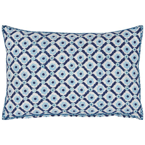 The Kripa Light Indigo Kidney Pillow by John Robshaw features a blue and white geometric floral front with a sky blue diamond grid and delicate French knot embroidery for texture.