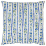 The John Robshaw Kushal Pillow features a white background with charming vertical blue and green floral stripes, creating an inviting and stylish square pillow design.