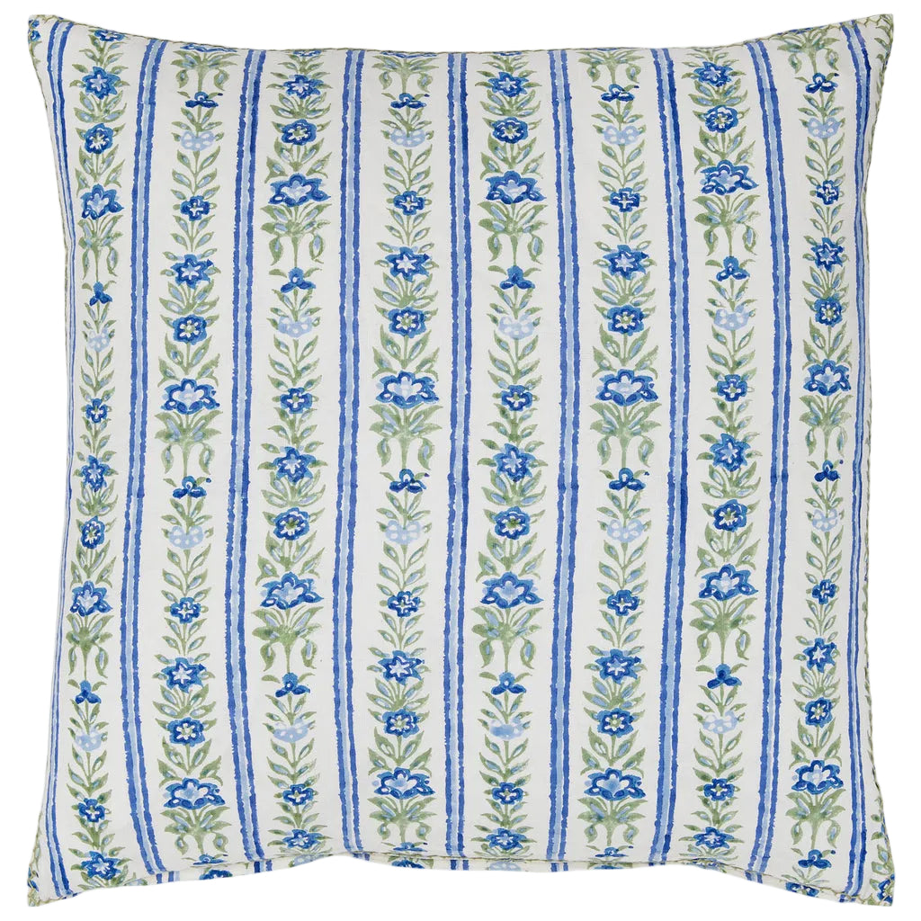 The John Robshaw Kushal Pillow features a white background with charming vertical blue and green floral stripes, creating an inviting and stylish square pillow design.