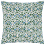The Mahisha Decorative Pillow by John Robshaw features a Rajasthan-inspired square design with a dense pattern of blue flowers and green leaves on a white background.