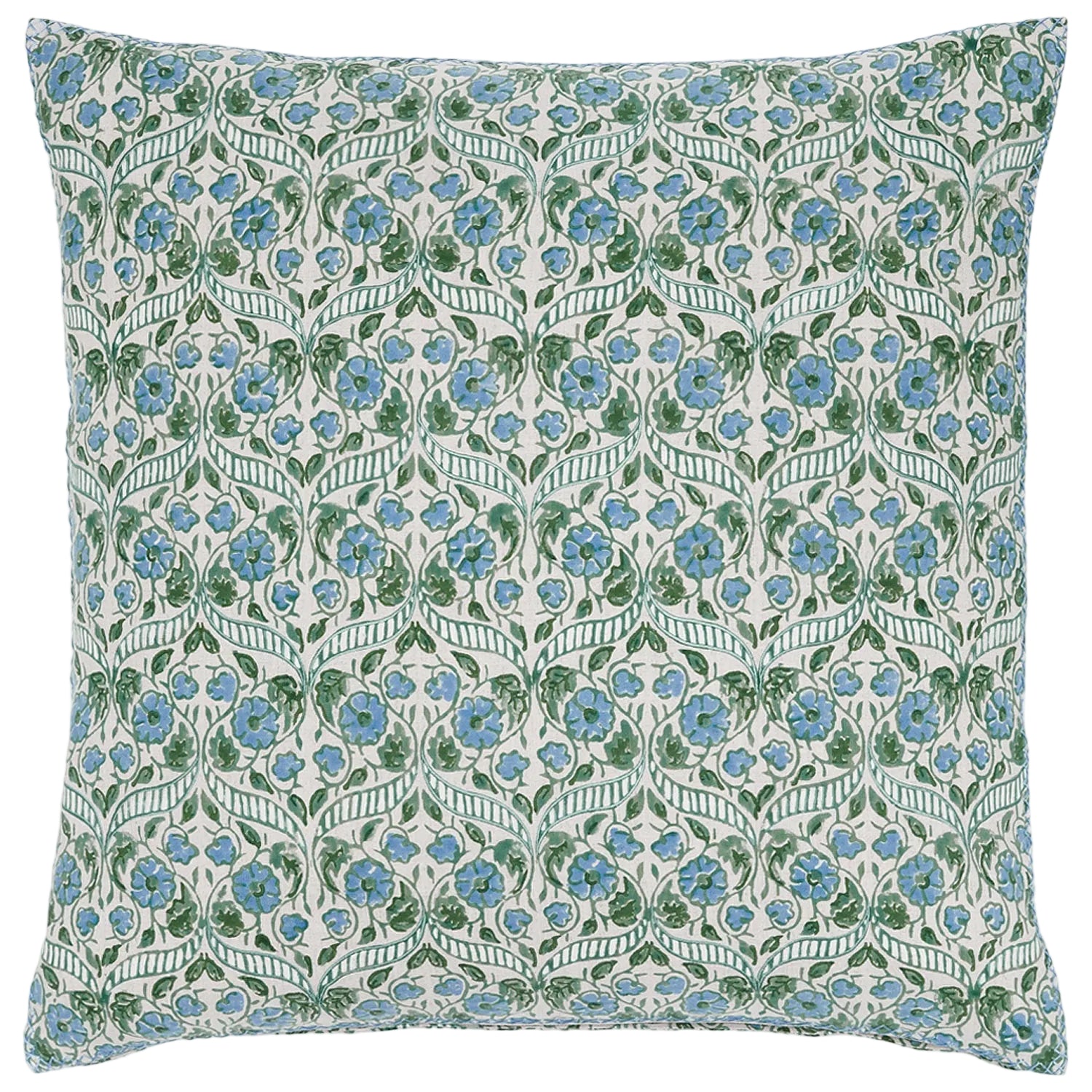 The Mahisha Decorative Pillow by John Robshaw features a Rajasthan-inspired square design with a dense pattern of blue flowers and green leaves on a white background.