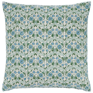 The Mahisha Decorative Pillow by John Robshaw features a Rajasthan-inspired square design with a dense pattern of blue flowers and green leaves on a white background.