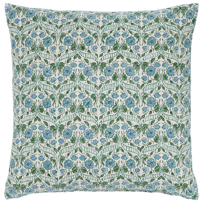 The Mahisha Decorative Pillow by John Robshaw features a Rajasthan-inspired square design with a dense pattern of blue flowers and green leaves on a white background.