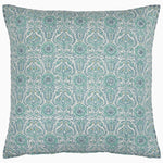 The John Robshaw Razia Mist Decorative Pillow features an intricate blue and green floral pattern on a white background, inspired by evening blooms and hints of sage.