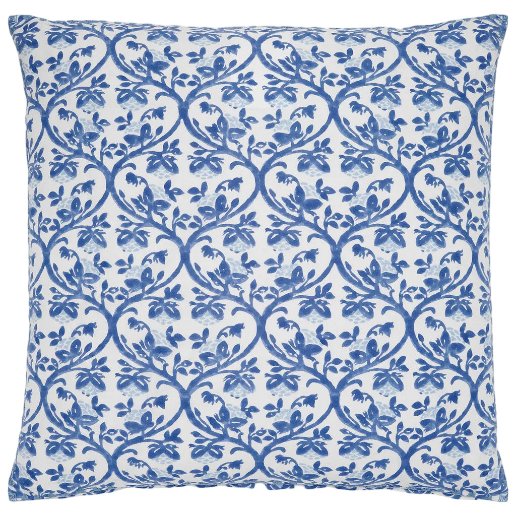 The John Robshaw Rhea Azure Euro Pillow features indigo-toned intertwining vines and leaves, hand block printed on crisp white for a stylish blue and white accent.