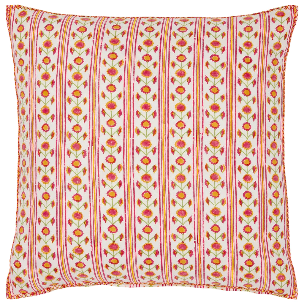 The Ritika Azalea Pillow by John Robshaw features vertical red and pink stripes with yellow and pink azalea floral blooms on white, all block printed for a charming, handcrafted look.
