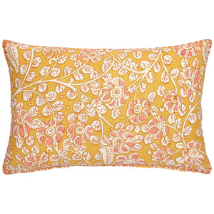 The Viraj Kidney Pillow by John Robshaw is a rectangular linen pillow with a yellow background and white-orange floral pattern, hand block printed in India.