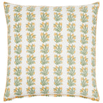 Square Yukti Pillow with a white base, a repeating vertical pattern of yellow and green floral sprigs, and orange piping along the edges.