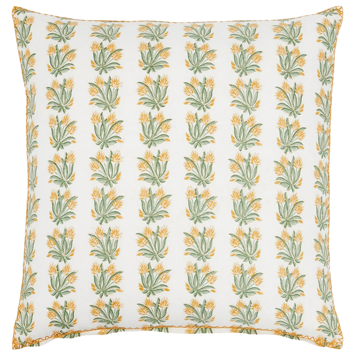 Square Yukti Pillow with a white base, a repeating vertical pattern of yellow and green floral sprigs, and orange piping along the edges.