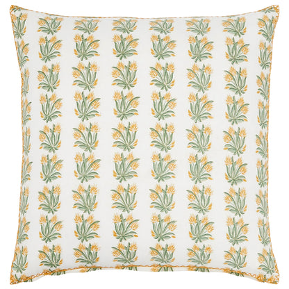 Square Yukti Pillow with a white base, a repeating vertical pattern of yellow and green floral sprigs, and orange piping along the edges.