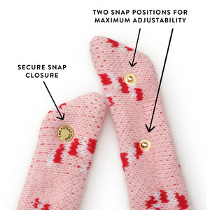 Pink Candy Canes Knit Dog Bandana in pink with gold snap closures and text pointing to the fasteners to indicate a secure fit and adjustable sizing.