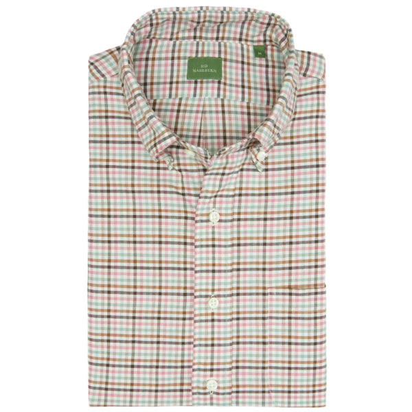 The Sid Mashburn Button Down Sport Shirt features a slim cut and a folded design, showcasing a checkered pattern in red, green, and white cotton.