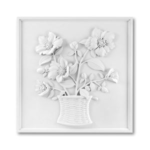 The Poppies Plaster Panel by Bunny Williams features a white, three-dimensional relief of flowers in a woven cachepot, with raised details adding depth and texture within a square frame.