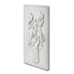 The Bunny Williams Poppies Plaster Panel is a white rectangular wall art featuring raised poppies in a basket, displayed against a plain white background.