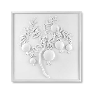 The Bunny Williams Pomegranate Plaster Panel is a white, three-dimensional wall panel featuring a raised pomegranate tree with leaves and fruit in a square frame.