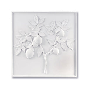 The Bunny Williams Lemon Plaster Panel features a white, raised relief of a lemon tree branch with leaves and fruit in a square frame—an elegant wall decor accent.