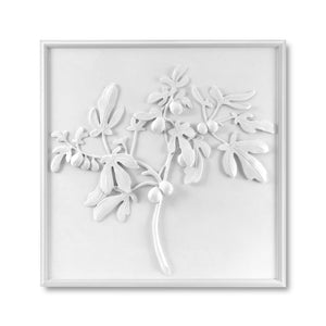 The Bunny Williams Fig Plaster Panel showcases a white 3D leafy branch with fruit, set in a square white frame—an elegant statement piece to anchor your wall grouping.