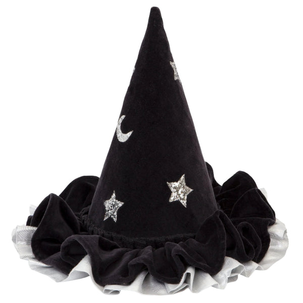 The Meri Meri Pointed Black Hat by Meri Meri, featuring a black velvet design adorned with glittery stars and a crescent moon, along with a ruffled brim of alternating black and silver fabric layers, makes for the perfect Halloween accessory.