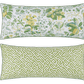 The Matouk Reversible Lumbar Pillow Collection includes two rectangular pillows: one with a green and yellow floral print, the other with a green geometric pattern on white—perfect for customizable home decor.