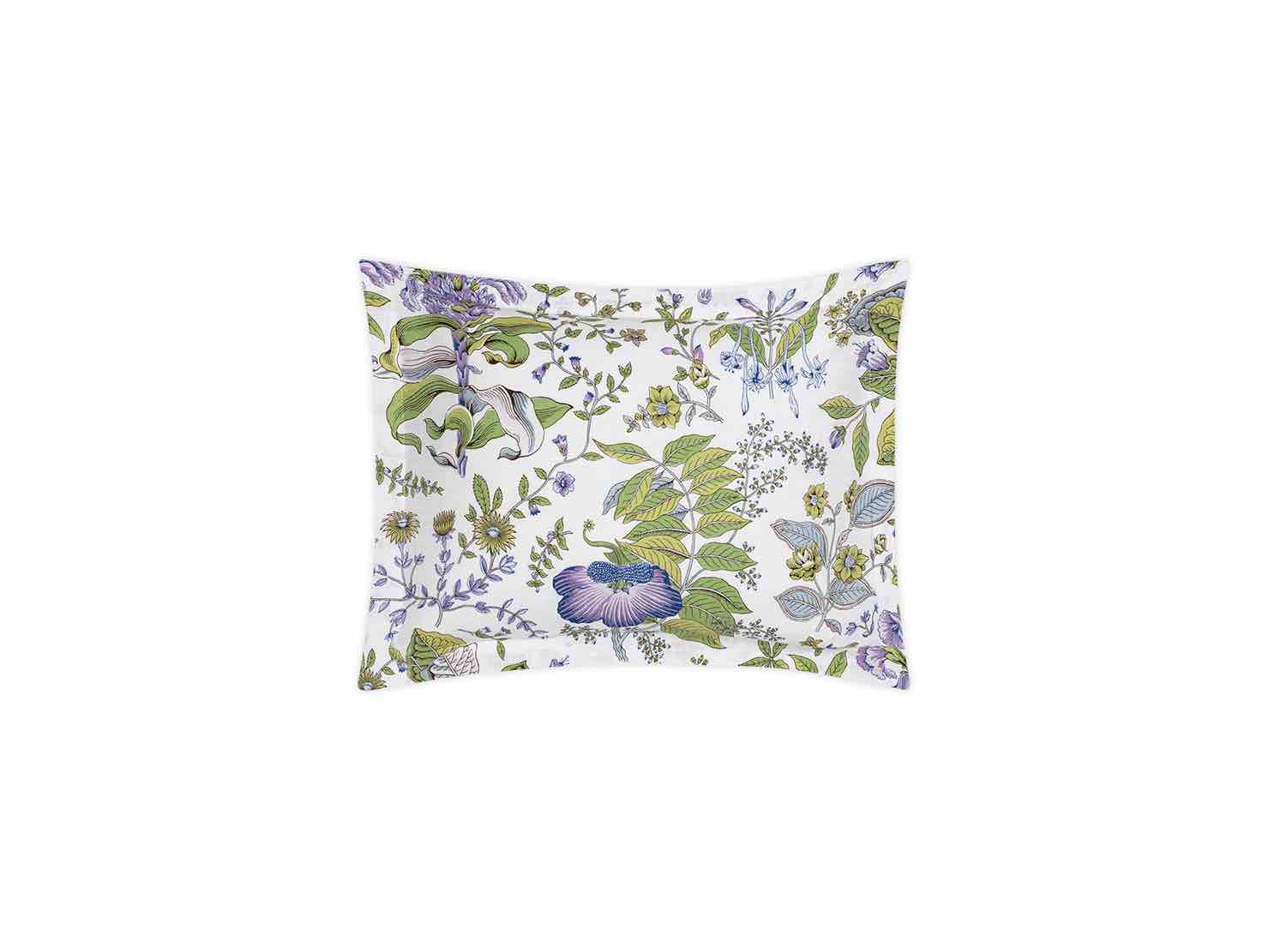 Matouk’s Pomegranate Roman Linen Bedding Collection in Lilac features a square pillowcase with green leaves and purple flowers on white, made from OEKO-TEX Standard 100 certified fabric for peace of mind.