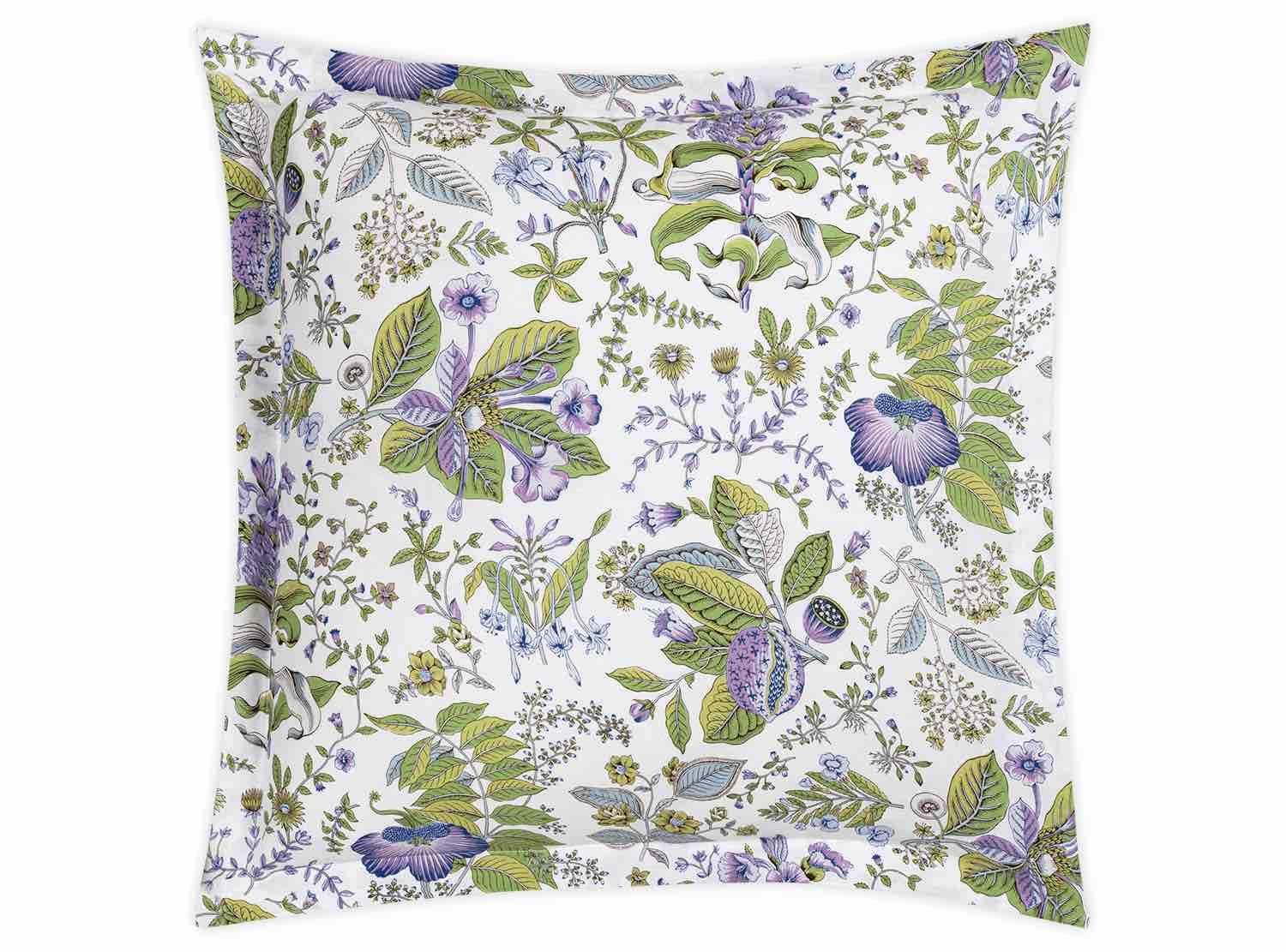 The Pomegranate Roman Linen Bedding Collection in Lilac by Matouk features a square pillowcase with a white background and botanical pattern in green, purple, and blue, inspired by Schumacher Pomegranate designs. Made from OEKO-TEX Standard 100 certified fabric.