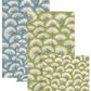 The Pontchartrain Scallop Collection by Caspari features four eco-friendly, triple-ply napkins—two blue and white, two green and white—with overlapping rectangular scalloped fan designs for stylish, sustainable table settings.