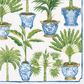 Caspari’s Potted Palms White Collection features blue and white porcelain pots with lush green palms, ideal for pairing with triple-ply napkins or biodegradable décor to create an elegant, eco-friendly setting.