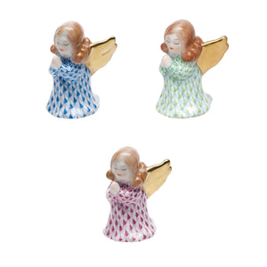 Three Herend Praying Angel porcelain figurines, each with golden wings and hand-painted blue, green, or pink dresses, are arranged in a triangular formation on a white background.