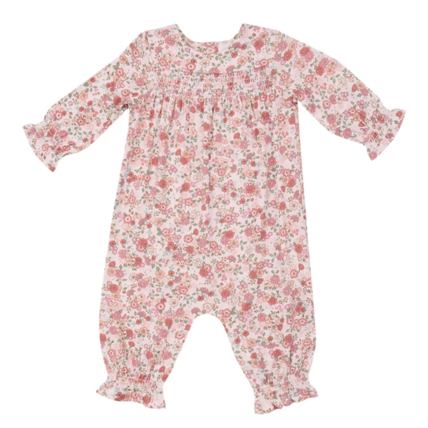 The Angel Dear Pretty Calico Smocked Romper is a floral-patterned baby romper with long sleeves and ruffled cuffs, crafted from soft bamboo fabric, showcasing a charming pink and white design.