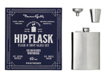 The Essentials Hip Flask by PrintWorks includes a stainless steel flask, metal shot glass, and funnel, presented with navy packaging. A sleek gift set for any occasion.
