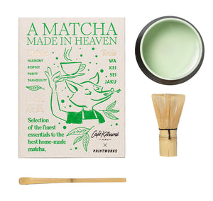 The Essentials Matcha Tools x Cafe Kitsuné by PrintWorks includes a printed box, bowl with green matcha, bamboo whisk, and scoop—beautifully arranged for any Café Kitsuné fan and inspired by Japanese tea culture.