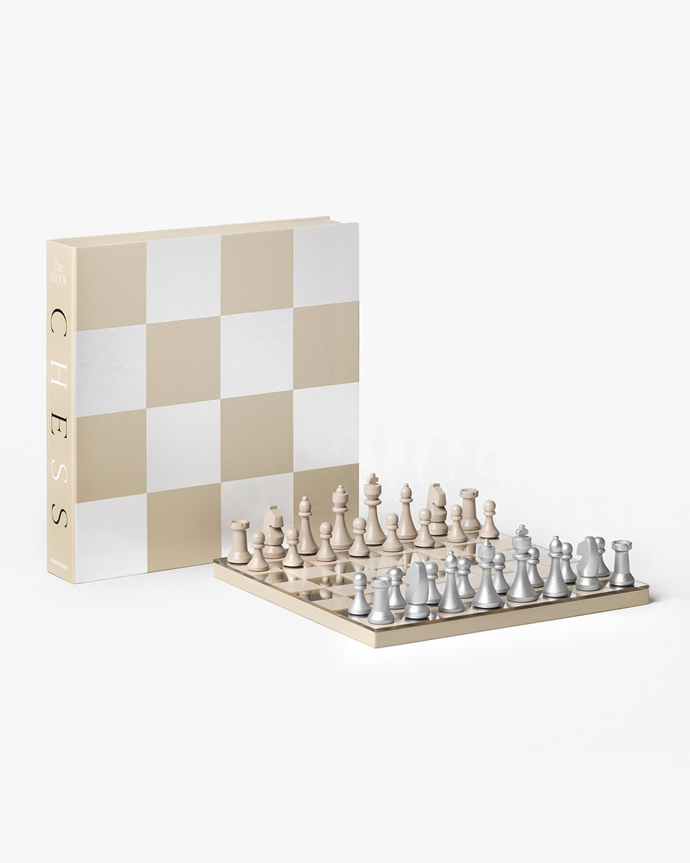 The PrintWorks Chess Collection features a beige and white board with matching beige and silver pieces, presented in front of a chess-themed box—perfect for any classic board game or Coffee Table Games collection.
