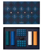 The PrintWorks Art of Poker Set includes four stacks of vibrant poker chips (green, blue, white, orange), two pro-grade card decks, and black dealer chips in a geometric blue box labeled "Art of Poker Set.