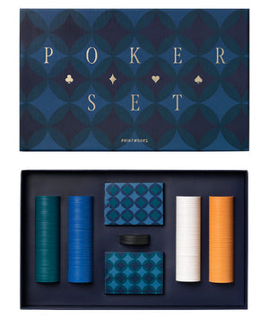 The PrintWorks Art of Poker Set includes four stacks of vibrant poker chips (green, blue, white, orange), two pro-grade card decks, and black dealer chips in a geometric blue box labeled "Art of Poker Set.