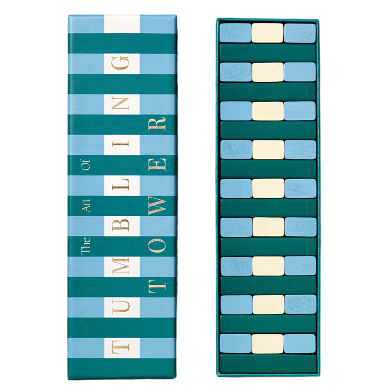 PrintWorks Tumbling Tower—rectangular box labeled with the name beside a stacked block game featuring blue, teal, and white solid wood pieces—for a fun game night.