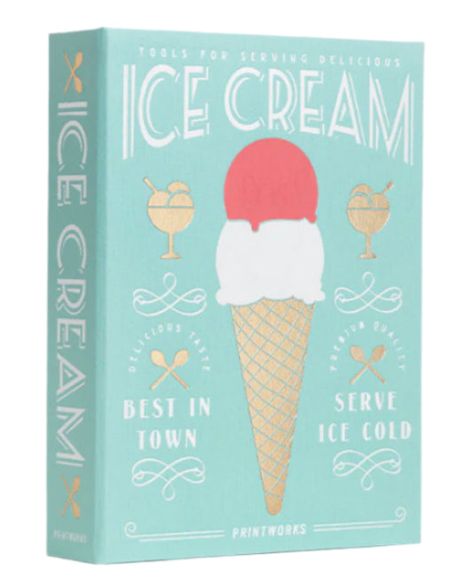 A pastel blue PrintWorks The Essentials Ice Cream Tools box with "Ice Cream" text, cone illustration with red and white scoops, and gold images of bowls, utensils, and tools—ideal for your next ice cream party.