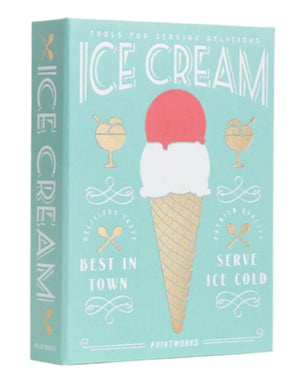 A pastel blue PrintWorks The Essentials Ice Cream Tools box with "Ice Cream" text, cone illustration with red and white scoops, and gold images of bowls, utensils, and tools—ideal for your next ice cream party.