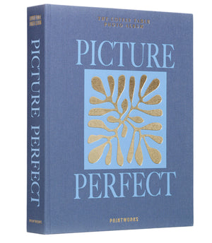 The PrintWorks Blue Picture Perfect Photo Album features gold and light blue text with a gold abstract design, making it a stylish coffee table album and an elegant home decor accent.