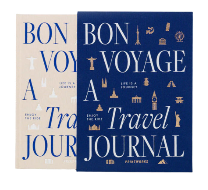 Capture every adventure with PrintWorks’ Bon Voyage Travel Journals—available in beige or navy blue, each featuring gold and white travel-themed illustrations. Perfect companions for your journeys!.