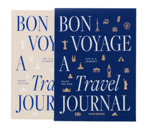 Capture every adventure with PrintWorks’ Bon Voyage Travel Journals—available in beige or navy blue, each featuring gold and white travel-themed illustrations. Perfect companions for your journeys!.