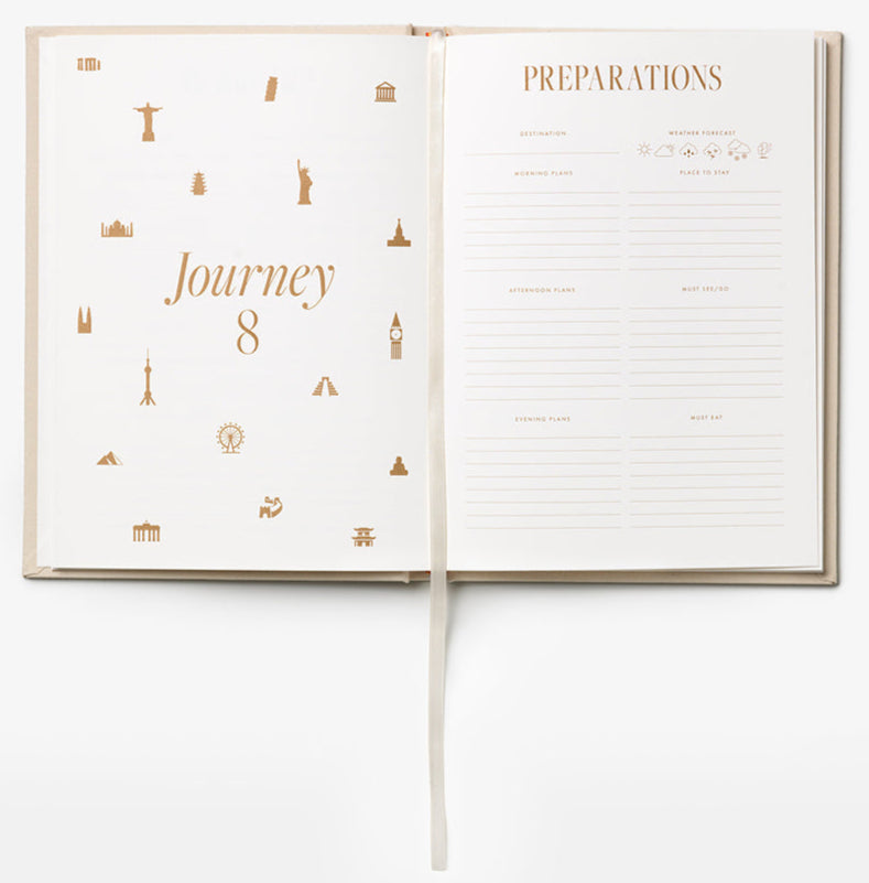 The Bon Voyage Travel Journal by PrintWorks is open to a "Journey 8" page with travel icons, while the opposite side features a "Preparations" section for planning your trip.