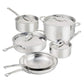 A five-piece Hestan ProBond® Luxe™ Collection stainless steel cookware set, featuring saucepans, sauté pans, and skillets with lids, is elegantly arranged on a white background.