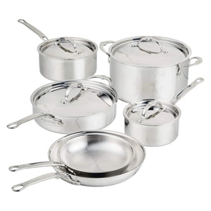A five-piece Hestan ProBond® Luxe™ Collection stainless steel cookware set, featuring saucepans, sauté pans, and skillets with lids, is elegantly arranged on a white background.