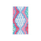 The Provencale Cotton Pink Multi Collection towel by Caspari features a colorful scalloped pattern on white and pairs perfectly with our triple-ply napkins for vibrant gatherings.