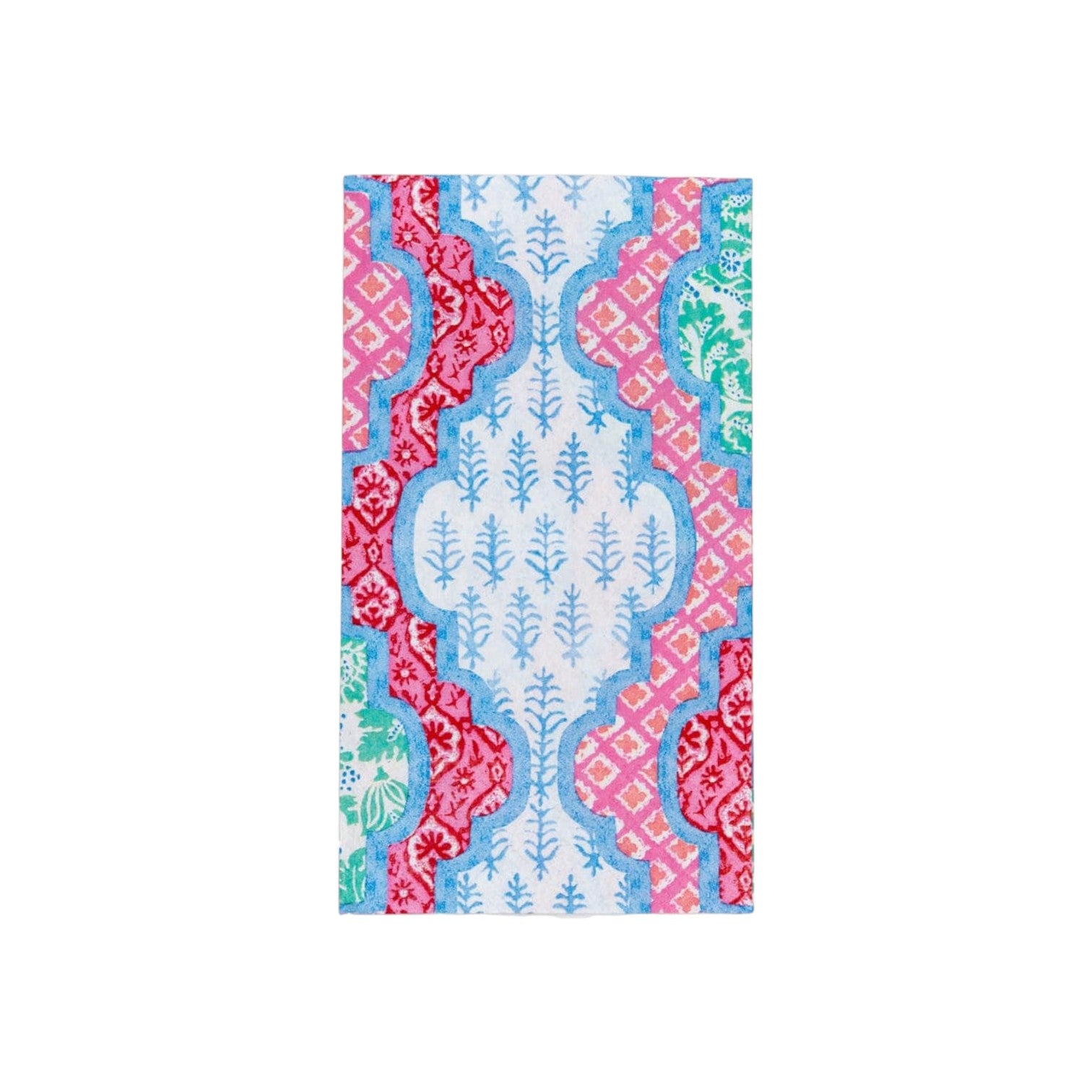 The Provencale Cotton Pink Multi Collection towel by Caspari features a colorful scalloped pattern on white and pairs perfectly with our triple-ply napkins for vibrant gatherings.