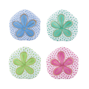 Four Puffy Sand Dollar coasters by Herend, each with a unique floral pattern in blue, green, yellow-green, and pink with gold outlines, arranged in a 2x2 grid on white—a beautiful way to display hand-painted artistry.