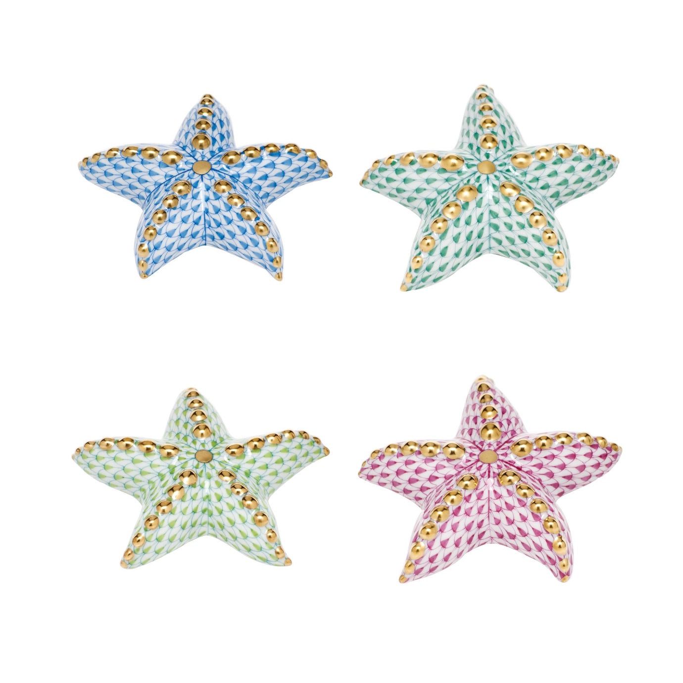 Four hand-painted Puffy Starfish by Herend, in blue, green, and pink with gold accents, are arranged in a two-by-two grid on a white background.