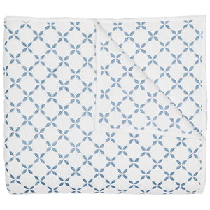 Introducing the Layla Bedding Collection by John Robshaw: a folded white quilt adorned with a repeating pattern of blue interlocking circles and four-petal flower motifs, inspired by the timeless elegance of Mughal gardens. Crafted from soft cotton voile, it’s the perfect bedding layer for year-round comfort.