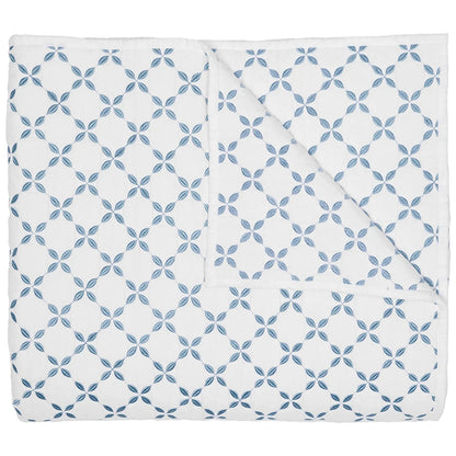 Introducing the Layla Bedding Collection by John Robshaw: a folded white quilt adorned with a repeating pattern of blue interlocking circles and four-petal flower motifs, inspired by the timeless elegance of Mughal gardens. Crafted from soft cotton voile, it’s the perfect bedding layer for year-round comfort.